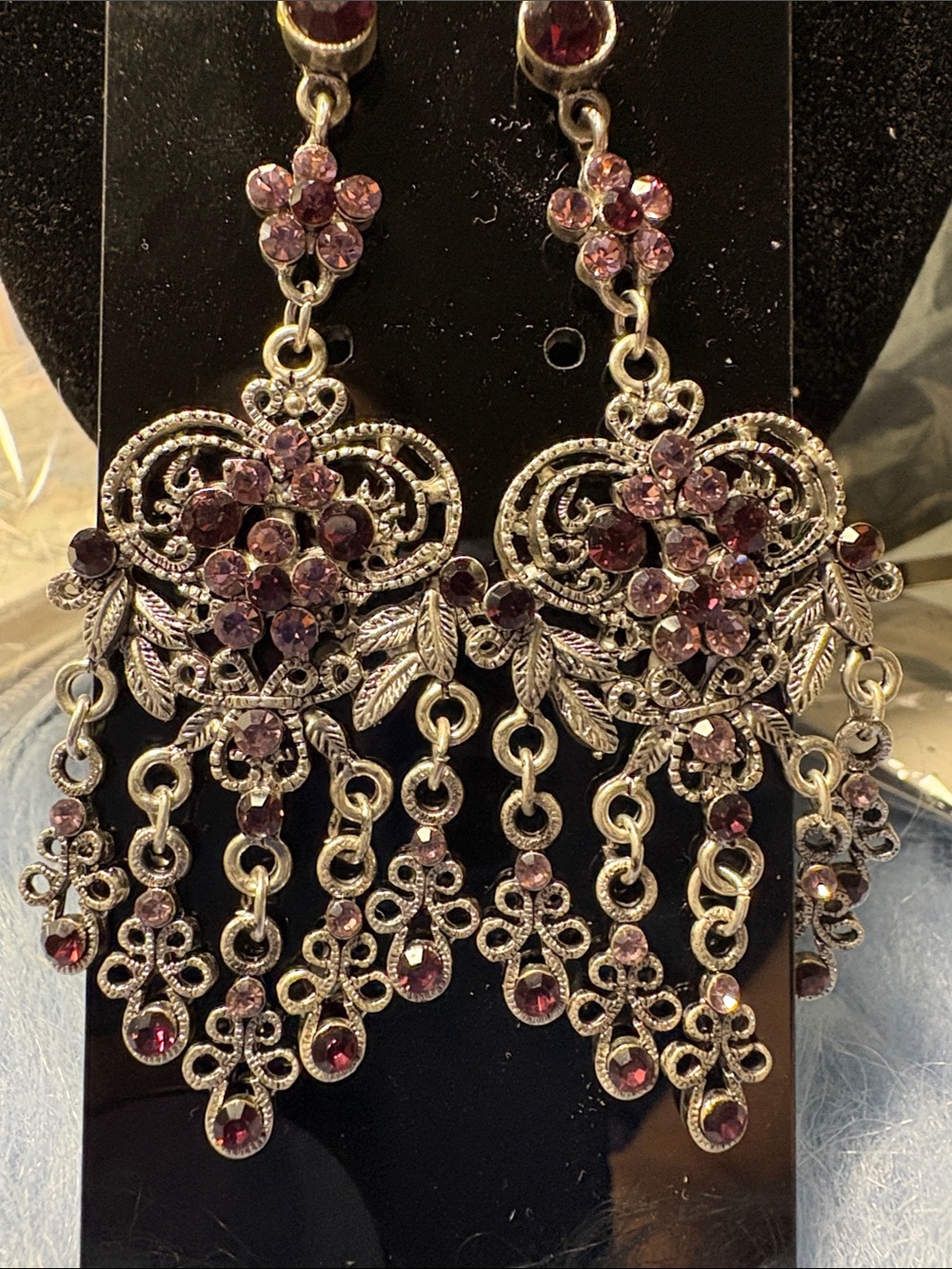 Elegant Purple/Burgundy Crystal Chandelier Pierced Earrings